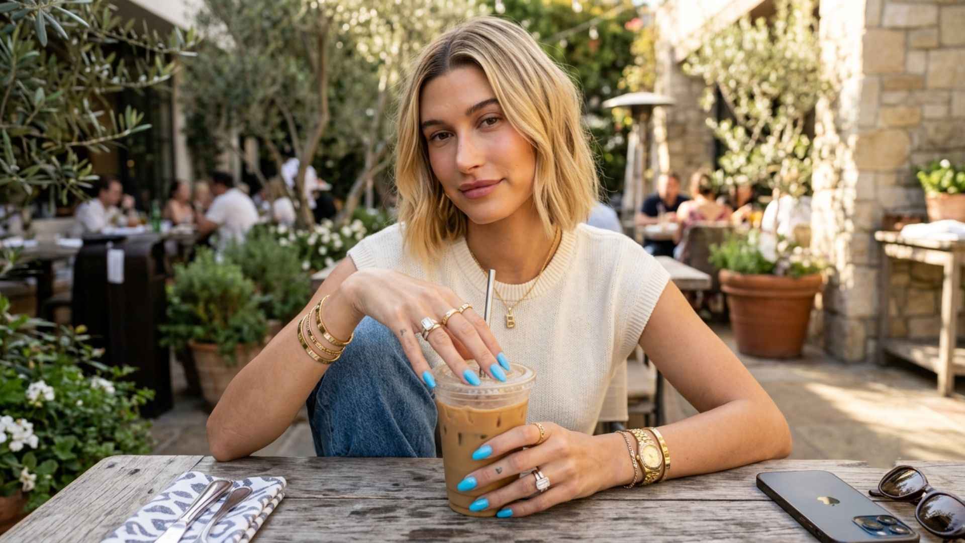 Hailey Bieber's Blue Nails Meet the Summer's Coolest Trend